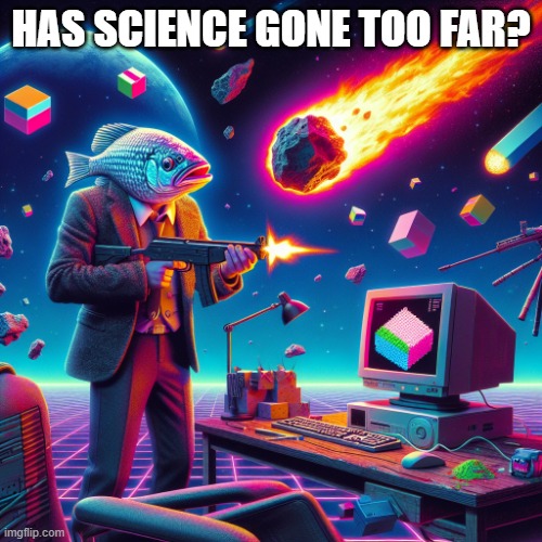 fish with a gun being hit by a meteor while playing Minecraft | HAS SCIENCE GONE TOO FAR? | image tagged in fish with a gun being hit by a meteor while playing minecraft | made w/ Imgflip meme maker