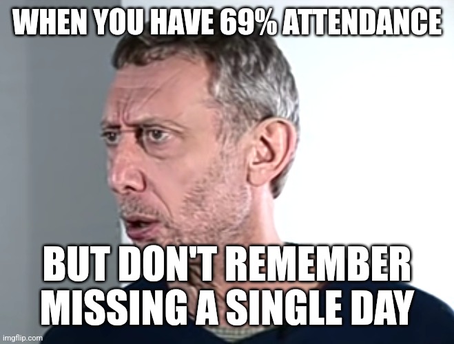 Must've been in a coma or something | WHEN YOU HAVE 69% ATTENDANCE; BUT DON'T REMEMBER MISSING A SINGLE DAY | image tagged in hold up michael rosen | made w/ Imgflip meme maker