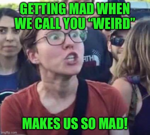 Angry Liberal | GETTING MAD WHEN WE CALL YOU “WEIRD” MAKES US SO MAD! | image tagged in angry liberal | made w/ Imgflip meme maker