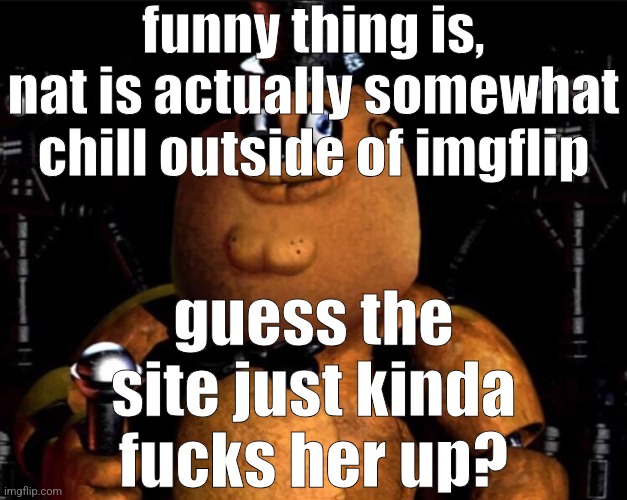 peter fazbear | funny thing is, nat is actually somewhat chill outside of imgflip; guess the site just kinda fucks her up? | image tagged in peter fazbear | made w/ Imgflip meme maker