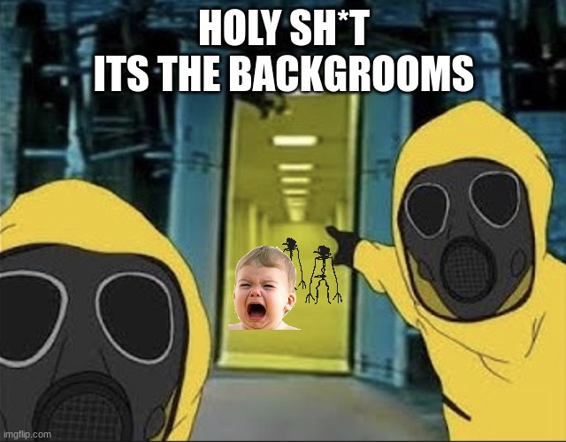 ahhhhhhh backgrooms | HOLY SH*T
ITS THE BACKGROOMS | image tagged in hazmat men pointing at the backrooms portal | made w/ Imgflip meme maker