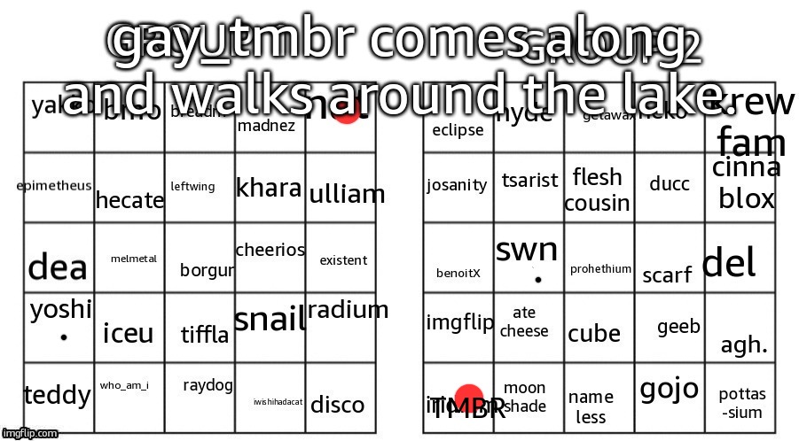 gay_tmbr comes along and walks around the lake. TMBR | made w/ Imgflip meme maker
