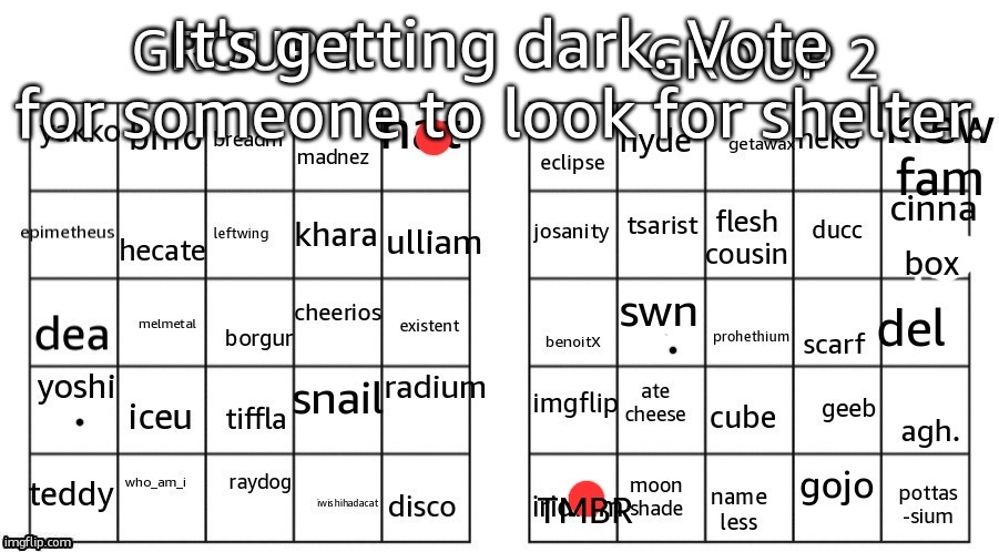 It's getting dark. Vote for someone to look for shelter. box | made w/ Imgflip meme maker