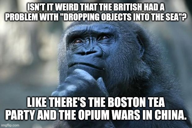 British, amirite? | ISN'T IT WEIRD THAT THE BRITISH HAD A PROBLEM WITH "DROPPING OBJECTS INTO THE SEA"? LIKE THERE'S THE BOSTON TEA PARTY AND THE OPIUM WARS IN CHINA. | image tagged in deep thoughts,history,memes,history memes | made w/ Imgflip meme maker