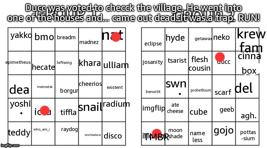 Ducc was voted to checck the village. He went into one of the houses and... came out dead. It was a trap. RUN! | made w/ Imgflip meme maker