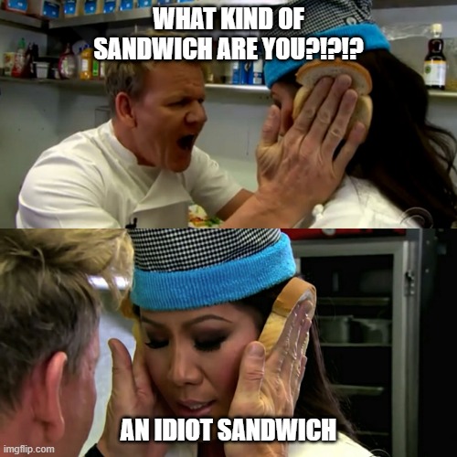 Gordan Ramsay Idiot Sandwich | WHAT KIND OF SANDWICH ARE YOU?!?!? AN IDIOT SANDWICH | image tagged in gordan ramsay idiot sandwich | made w/ Imgflip meme maker