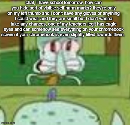 sad squidward | chat, i have school tomorrow, how can you hide sort of visible self harm marks? they're only on my left thumb and i don't have any gloves or anything I could wear and they are small but I don't wanna take any chances, one of my teachers legit has eagle eyes and can somehow see everything on your chromebook screen if your chromebook is even slightly tilted towards them. | image tagged in sad squidward | made w/ Imgflip meme maker