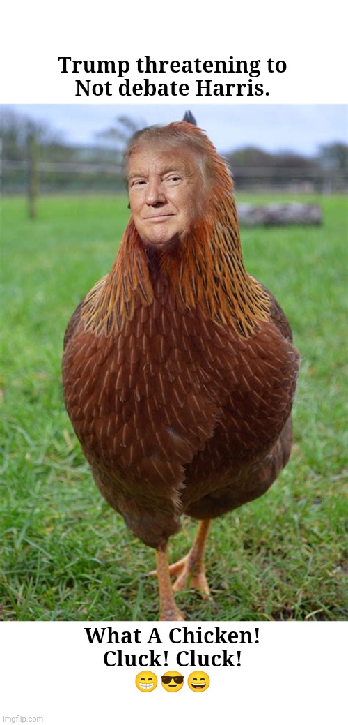 Trump - Just A Big Chicken | Trump threatening to
Not debate Harris. What A Chicken!
Cluck! Cluck!
😁😎😄 | image tagged in trump chicken | made w/ Imgflip meme maker