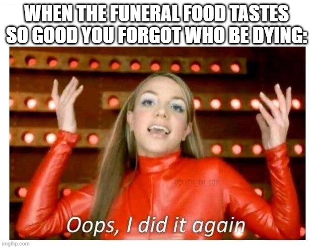 Oops I did it again - Britney Spears | WHEN THE FUNERAL FOOD TASTES SO GOOD YOU FORGOT WHO BE DYING: | image tagged in oops i did it again - britney spears | made w/ Imgflip meme maker