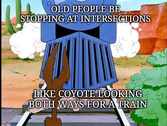 Are they expecting the Roadrunner? | OLD PEOPLE BE STOPPING AT INTERSECTIONS; LIKE COYOTE LOOKING BOTH WAYS FOR A TRAIN | image tagged in coyote,train | made w/ Imgflip meme maker