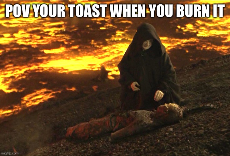 Meme | POV YOUR TOAST WHEN YOU BURN IT | image tagged in burnt anakin | made w/ Imgflip meme maker