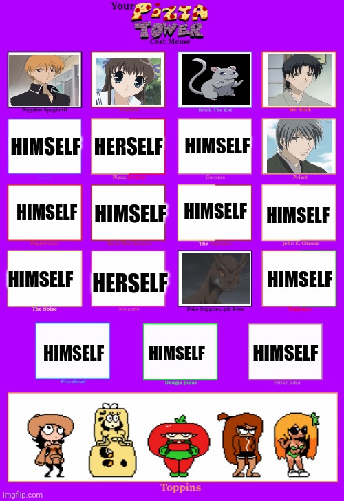 Pizza Tower cast with Fruits Basket characters | HIMSELF; HERSELF; HIMSELF; HIMSELF; HIMSELF; HIMSELF; HIMSELF; HIMSELF; HIMSELF; HERSELF; HIMSELF; HIMSELF; HIMSELF | made w/ Imgflip meme maker