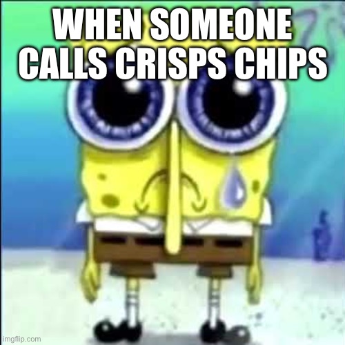 Meme | WHEN SOMEONE CALLS CRISPS CHIPS | image tagged in sad spongebob | made w/ Imgflip meme maker