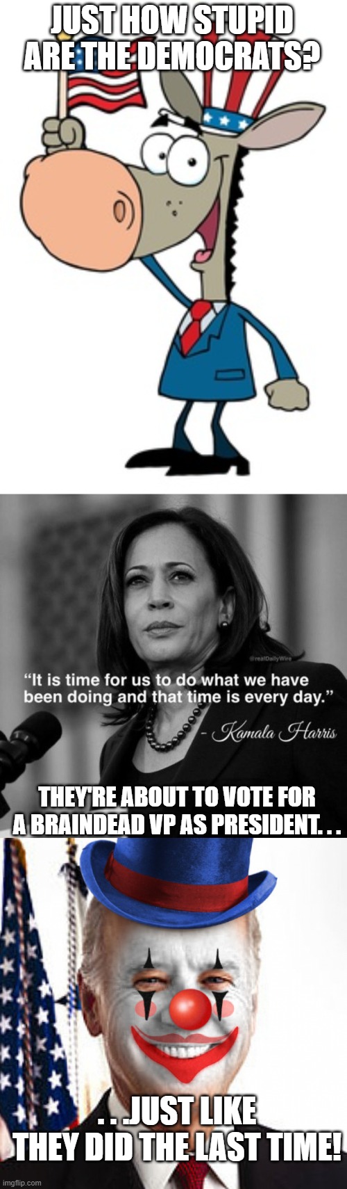 JUST HOW STUPID ARE THE DEMOCRATS? THEY'RE ABOUT TO VOTE FOR A BRAINDEAD VP AS PRESIDENT. . . . . .JUST LIKE THEY DID THE LAST TIME! | image tagged in stupid democrats,kamala's dumb quote,joe biden clown | made w/ Imgflip meme maker