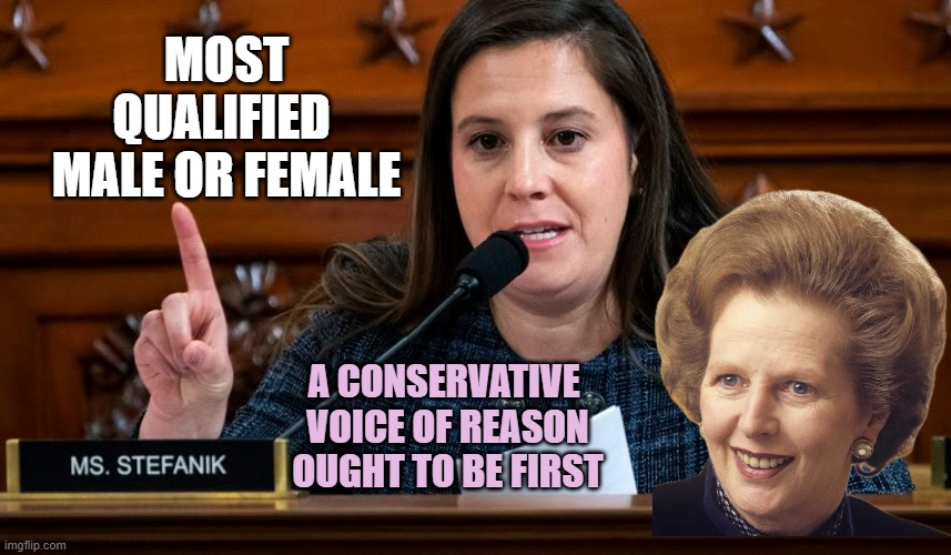 Elise Stefanik | MOST
QUALIFIED 
MALE OR FEMALE A CONSERVATIVE 
VOICE OF REASON
OUGHT TO BE FIRST | image tagged in elise stefanik | made w/ Imgflip meme maker