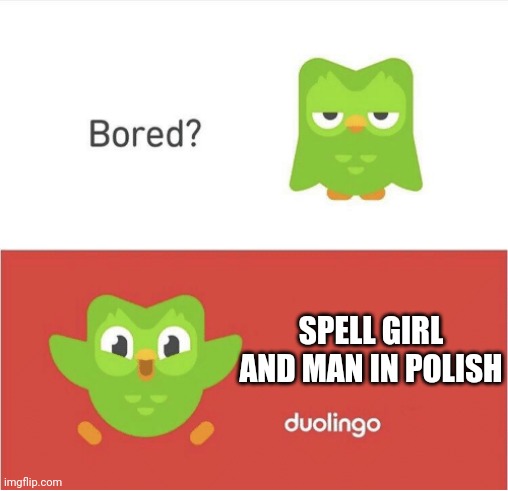 DUOLINGO BORED | SPELL GIRL AND MAN IN POLISH | image tagged in duolingo bored | made w/ Imgflip meme maker