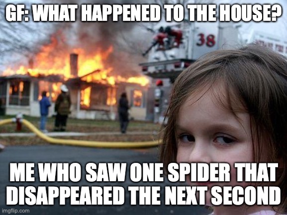 Disaster Girl | GF: WHAT HAPPENED TO THE HOUSE? ME WHO SAW ONE SPIDER THAT DISAPPEARED THE NEXT SECOND | image tagged in memes,disaster girl | made w/ Imgflip meme maker