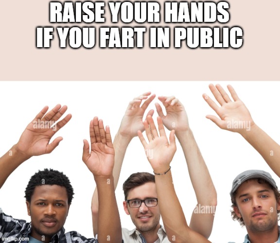 If You Fart In Public | RAISE YOUR HANDS IF YOU FART IN PUBLIC | image tagged in fart,in public,raise your hands,hands,funny,memes | made w/ Imgflip meme maker