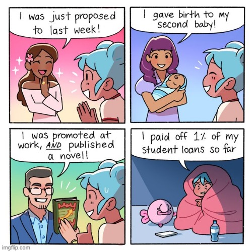 image tagged in accomplishment,proposal,baby,novel,student loans,blobfish | made w/ Imgflip meme maker