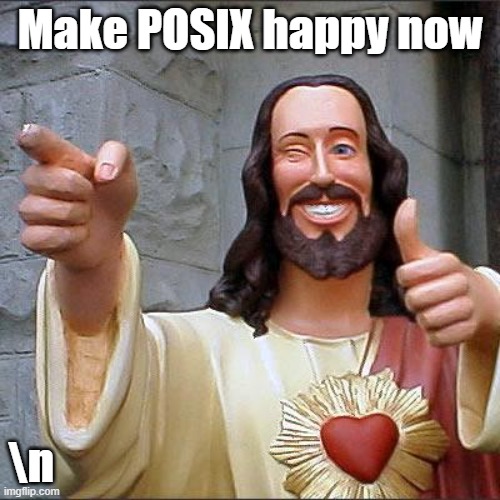 Make POSIX happy now | Make POSIX happy now; \n | image tagged in memes,buddy christ,posix,end of file,new line | made w/ Imgflip meme maker