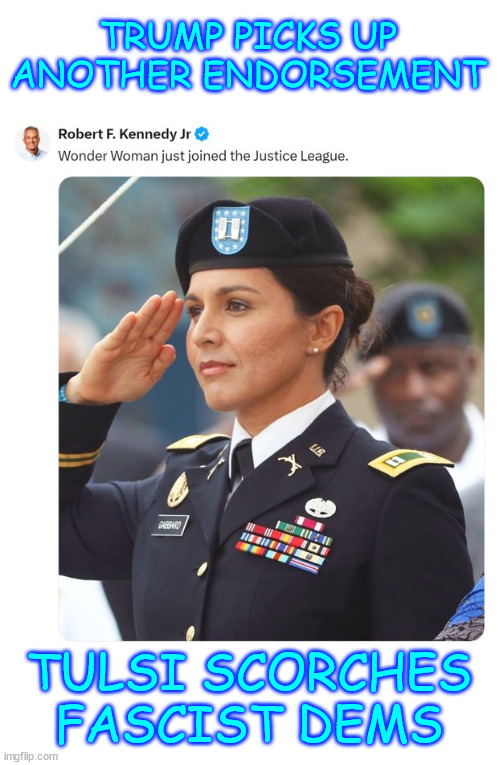 Tulsi endorses President Trump... | TRUMP PICKS UP ANOTHER ENDORSEMENT; TULSI SCORCHES FASCIST DEMS | image tagged in tulsi gabbard,endorses,president trump | made w/ Imgflip meme maker