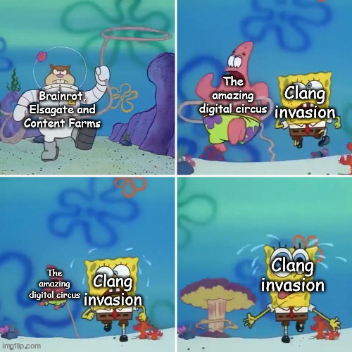 Let's hope the brainrot doesnt get my favorite robot show. | The amazing digital circus; Clang invasion; Brainrot, Elsagate and Content Farms; Clang invasion; Clang invasion; The amazing digital circus | image tagged in sandy lasso,brainrot,elsagate,content farms,the amazing digital circus,clang invasion | made w/ Imgflip meme maker