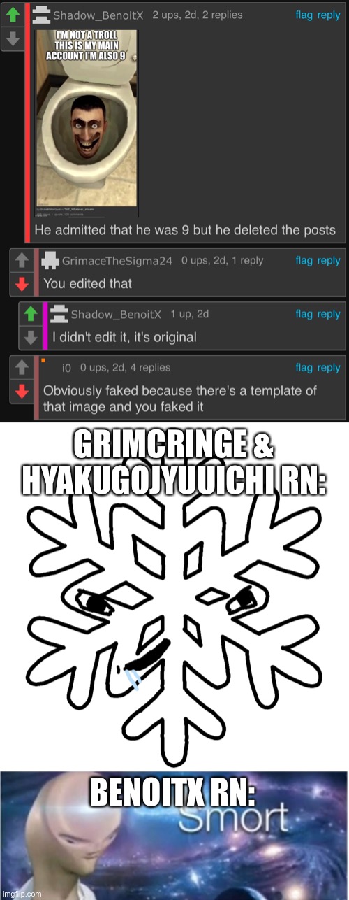 GRIMCRINGE & HYAKUGOJYUUICHI RN:; BENOITX RN: | image tagged in brainlet snowflake,meme man smort | made w/ Imgflip meme maker