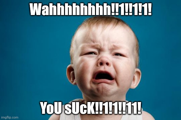 BABY CRYING | Wahhhhhhhh!!1!!1!1! YoU sUcK!!1!1!!11! | image tagged in baby crying | made w/ Imgflip meme maker