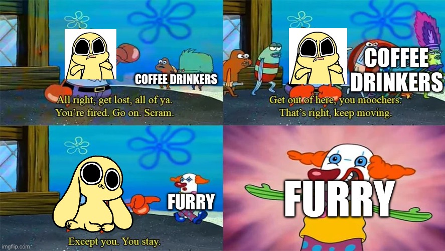 Chikn nugget don’t drink coffee | COFFEE DRINKERS; COFFEE DRINKERS; FURRY; FURRY | image tagged in mr krabs except you you stay | made w/ Imgflip meme maker