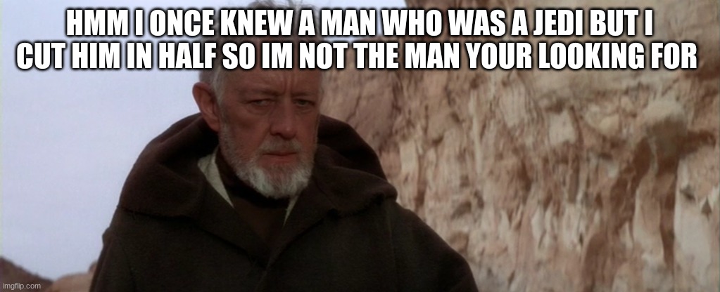 old ben | HMM I ONCE KNEW A MAN WHO WAS A JEDI BUT I CUT HIM IN HALF SO IM NOT THE MAN YOUR LOOKING FOR | image tagged in old ben | made w/ Imgflip meme maker