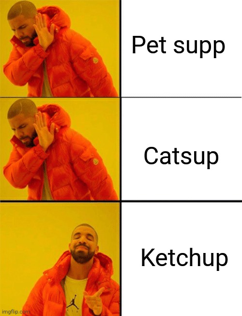 Drake three panel | Pet supp Catsup Ketchup | image tagged in drake three panel | made w/ Imgflip meme maker