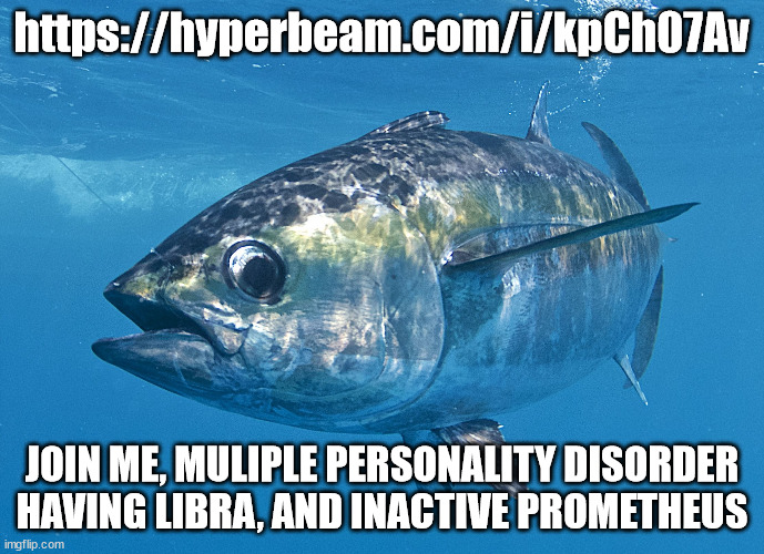 Tuna fish | https://hyperbeam.com/i/kpCh07Av; JOIN ME, MULIPLE PERSONALITY DISORDER HAVING LIBRA, AND INACTIVE PROMETHEUS | image tagged in tuna fish | made w/ Imgflip meme maker