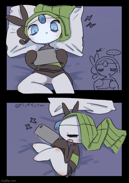 Meloetta stays up late (Art by fluffuton) | made w/ Imgflip meme maker