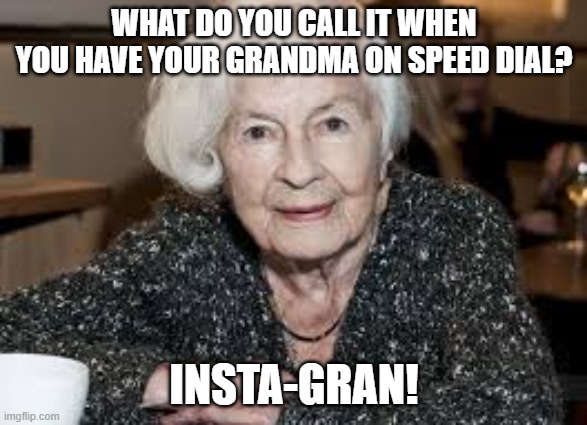 Grandmother | WHAT DO YOU CALL IT WHEN YOU HAVE YOUR GRANDMA ON SPEED DIAL? INSTA-GRAN! | image tagged in grandmother | made w/ Imgflip meme maker