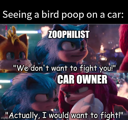 Revenge is a dish best serve | Seeing a bird poop on a car:; ZOOPHILIST; "We don't want to fight you!"; CAR OWNER; "Actually, I would want to fight!" | image tagged in memes,funny,sonic,animals,pop culture | made w/ Imgflip meme maker