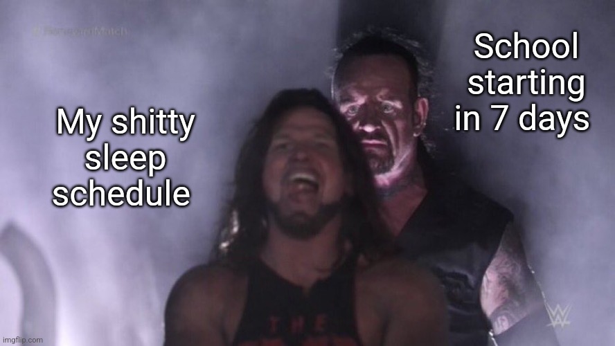 AJ Styles & Undertaker | School starting in 7 days; My shitty sleep schedule | image tagged in aj styles undertaker | made w/ Imgflip meme maker