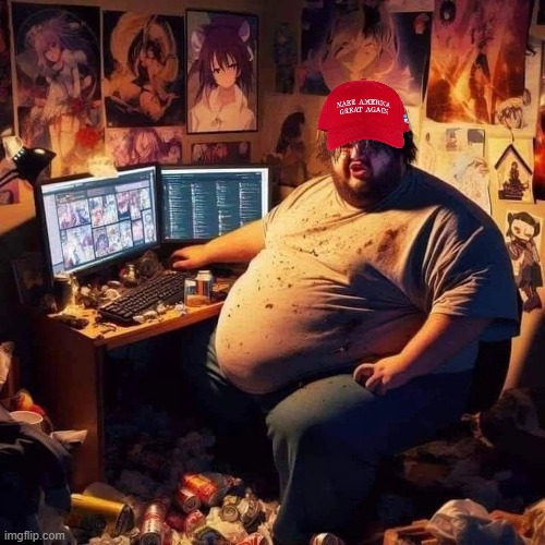 MAGA in Basement on Computer Blank Meme Template