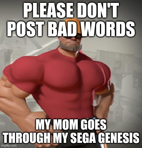 TF2 Buff Engineer | PLEASE DON'T POST BAD WORDS; MY MOM GOES THROUGH MY SEGA GENESIS | image tagged in tf2 buff engineer | made w/ Imgflip meme maker