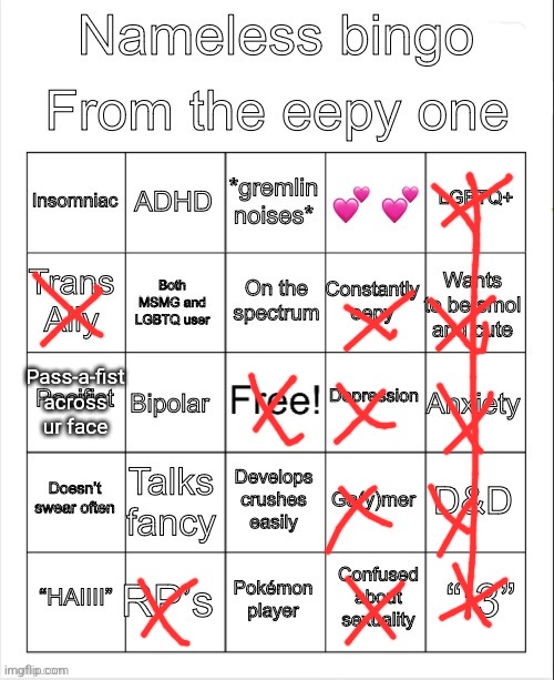 Nameless bingo | Pass-a-fist across ur face | image tagged in nameless bingo | made w/ Imgflip meme maker