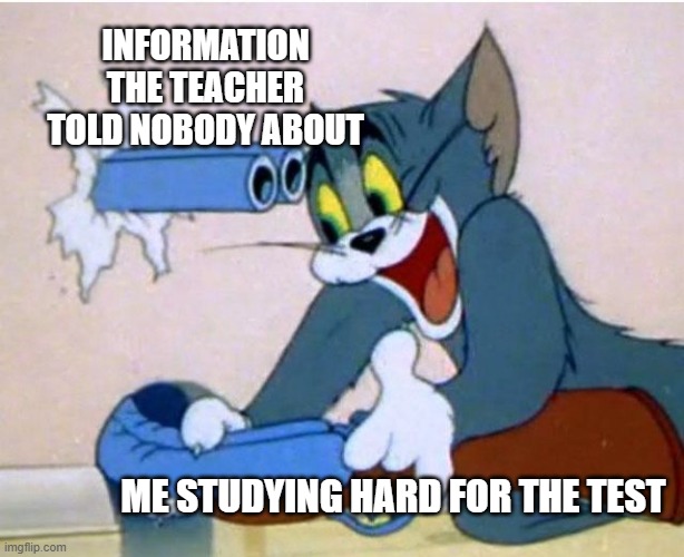 Bruh. | INFORMATION THE TEACHER TOLD NOBODY ABOUT; ME STUDYING HARD FOR THE TEST | image tagged in tom and jerry,memes,funny,school | made w/ Imgflip meme maker