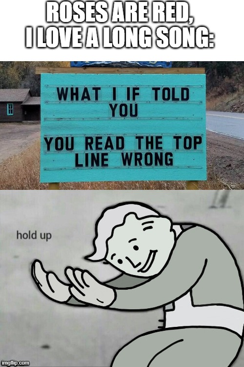 even i messed up trying to read that.. | ROSES ARE RED, I LOVE A LONG SONG: | image tagged in hold up sign,memes,funny,funny signs | made w/ Imgflip meme maker