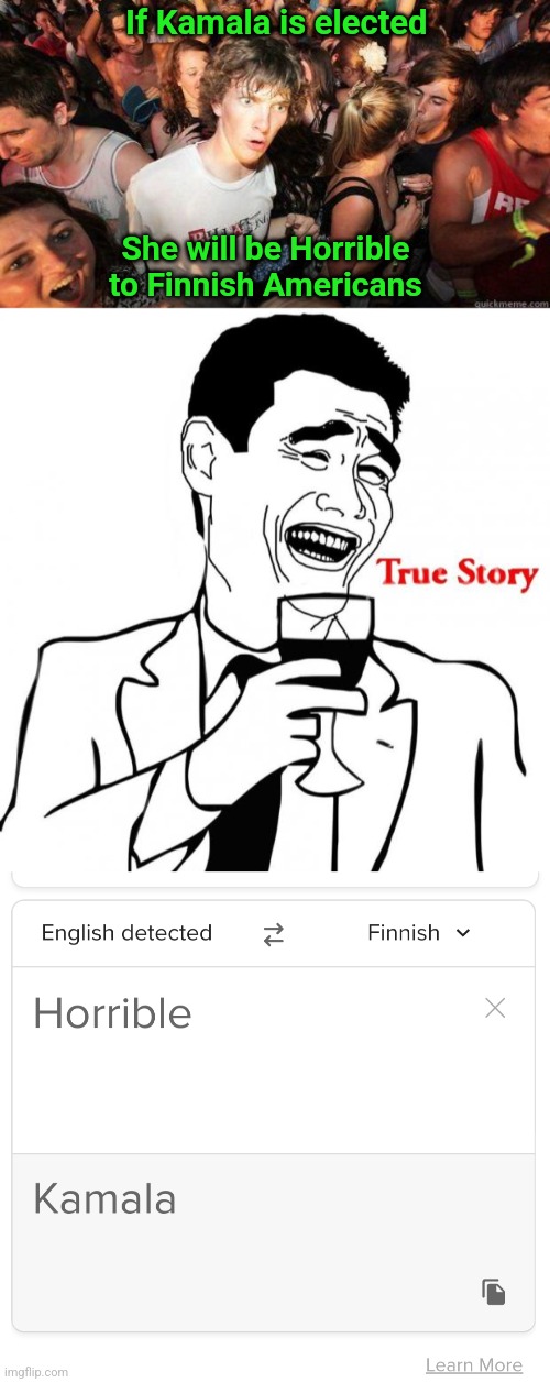 Also Horrible in English | If Kamala is elected; She will be Horrible to Finnish Americans | image tagged in sudden realization,true story,translation,kamala harris,horrible,politics | made w/ Imgflip meme maker