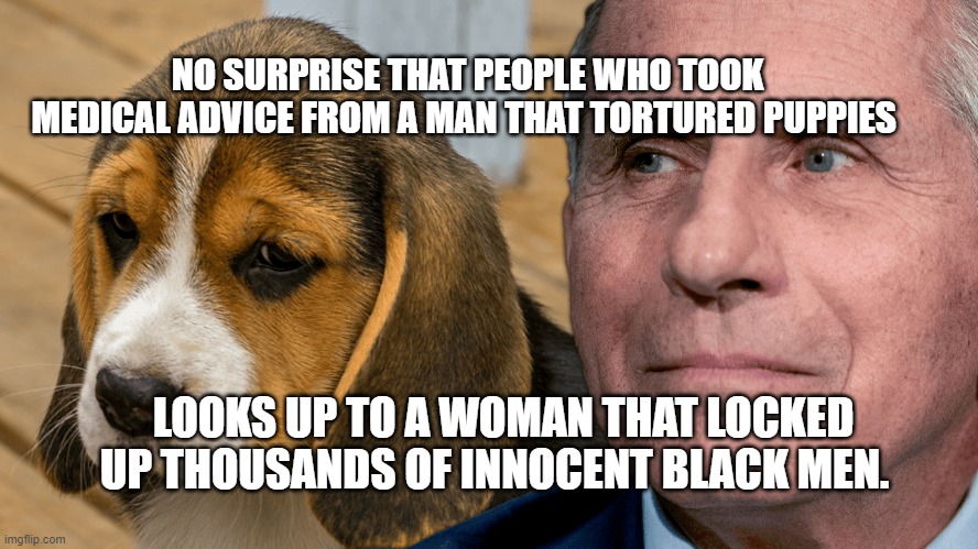 Fauci's Ouchie | NO SURPRISE THAT PEOPLE WHO TOOK MEDICAL ADVICE FROM A MAN THAT TORTURED PUPPIES; LOOKS UP TO A WOMAN THAT LOCKED UP THOUSANDS OF INNOCENT BLACK MEN. | image tagged in fauci's ouchie | made w/ Imgflip meme maker