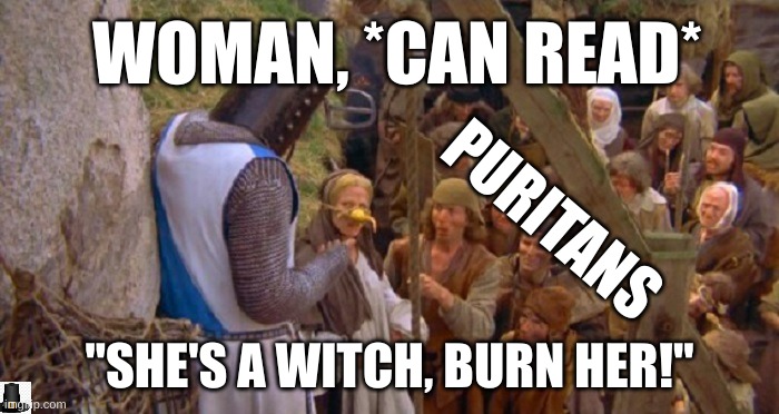 WOMAN, *CAN READ*; PURITANS; "SHE'S A WITCH, BURN HER!" | image tagged in memes,pilgrims | made w/ Imgflip meme maker