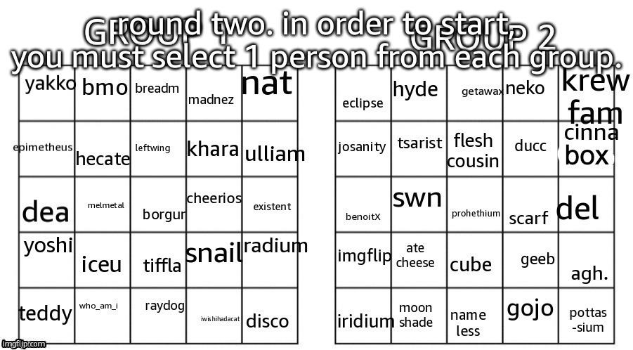 games | round two. in order to start, you must select 1 person from each group. | image tagged in games | made w/ Imgflip meme maker