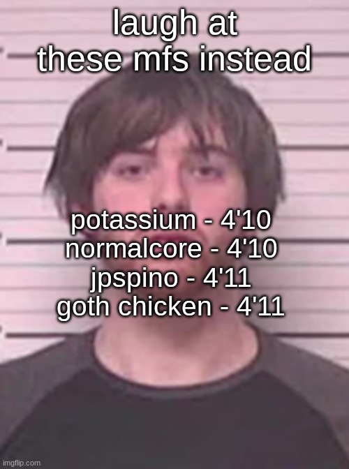 lazy mazy | laugh at these mfs instead; potassium - 4'10
normalcore - 4'10
jpspino - 4'11
goth chicken - 4'11 | image tagged in lazy mazy | made w/ Imgflip meme maker