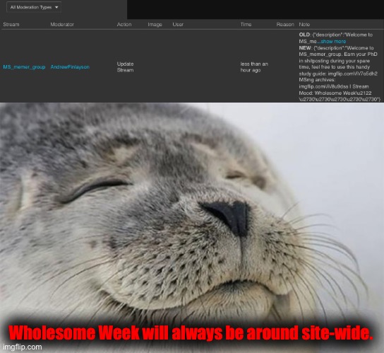 . | Wholesome Week will always be around site-wide. | image tagged in wholesome week | made w/ Imgflip meme maker