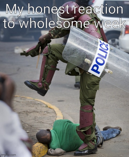 police curbstomp | My honest reaction to wholesome week | image tagged in police curbstomp | made w/ Imgflip meme maker