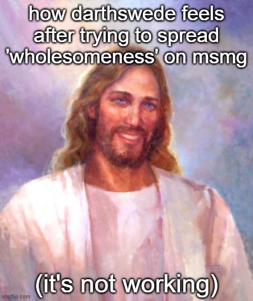 Smiling Jesus | how darthswede feels after trying to spread 'wholesomeness' on msmg; (it's not working) | image tagged in memes,smiling jesus,gore | made w/ Imgflip meme maker