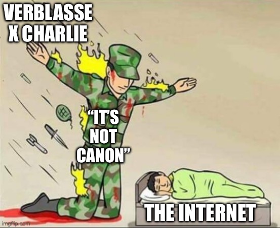 Soldier protecting sleeping child | VERBLASSE X CHARLIE; “IT’S NOT CANON”; THE INTERNET | image tagged in soldier protecting sleeping child | made w/ Imgflip meme maker